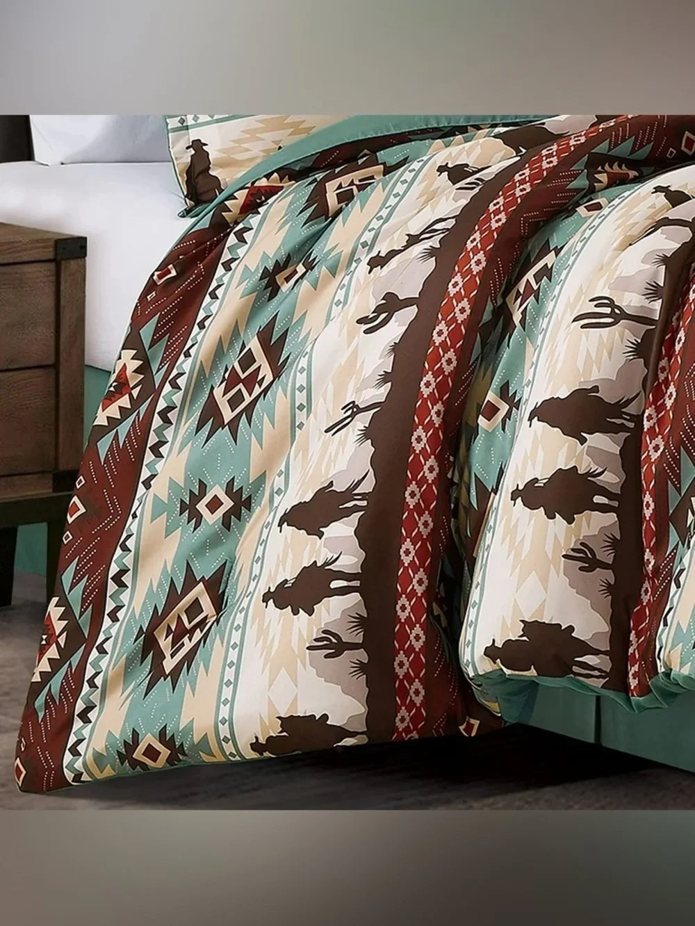 Southwest cowboy 3 piece queen  Comforter Set in Teal and Brown -